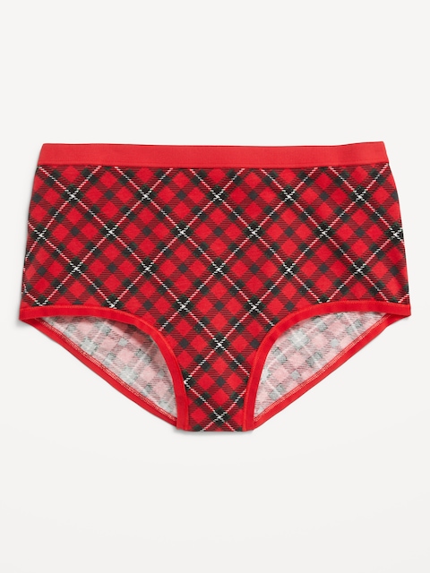 High-Waisted Everyday Brief Cotton Underwear - Heartthrob Red Tartan