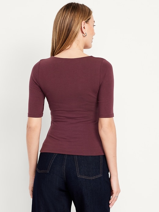 Image number 2 showing, Fitted Double-Layer Elbow-Sleeve Scoop-Neck Top