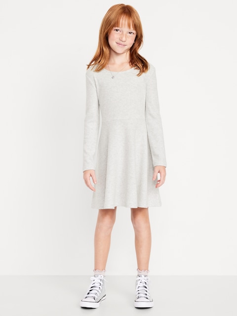 Cozy Long-Sleeve Ribbed Fit and Flare Dress for Girls - Natural White