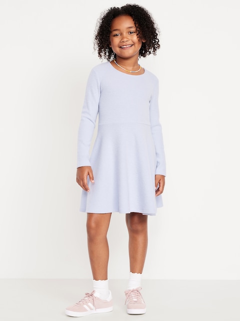Cozy Long-Sleeve Ribbed Fit and Flare Dress for Girls - Glitter Bug