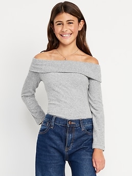 トップス Ans Dotsloevner Shoulder Tops Gray CozePlush Off-Shoulder Long-Sleeve Ribbed Top for Girls | Old Navy