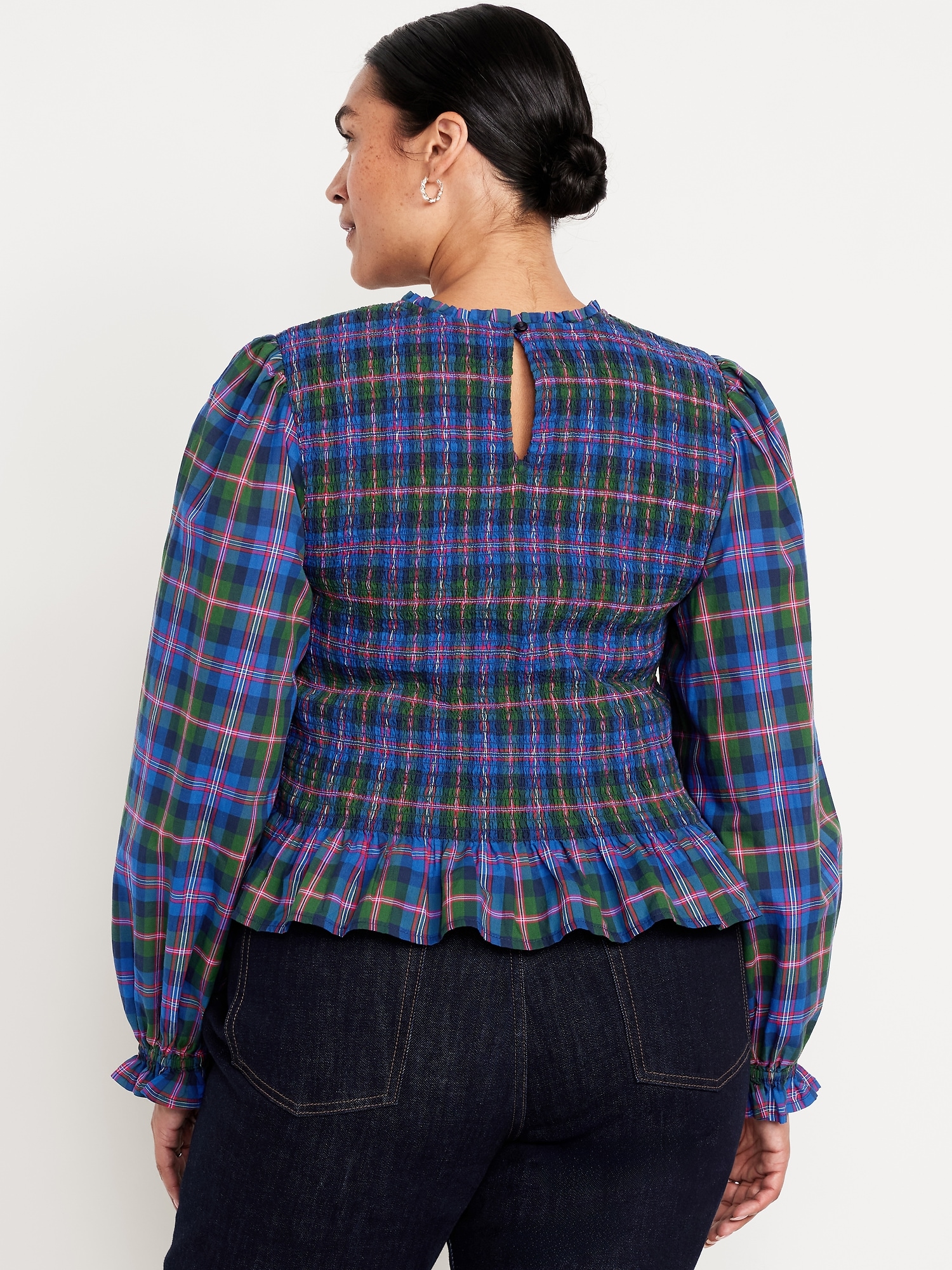 Long-Sleeve Plaid Smocked Top