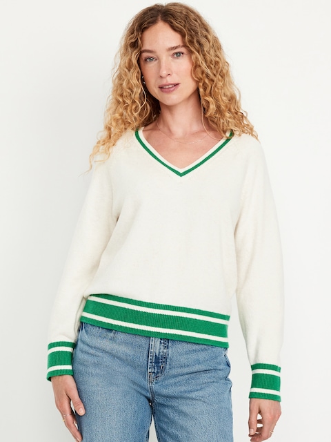 SoSoft Loose V-Neck Sweater - Chalk Heather/Green