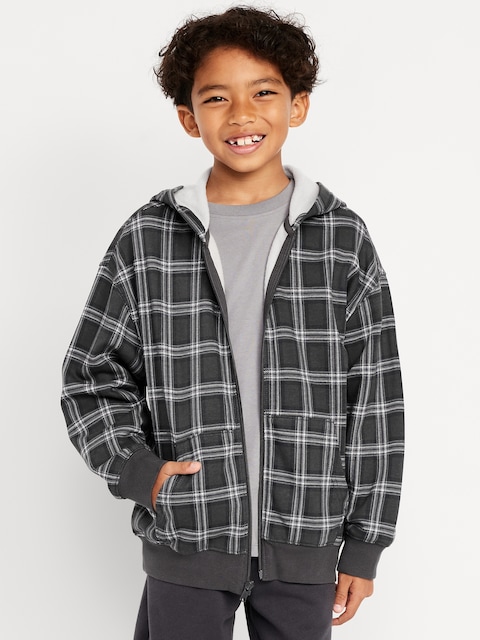 Favorite Fleece Oversized Zip Hoodie for Boys - Black Plaid