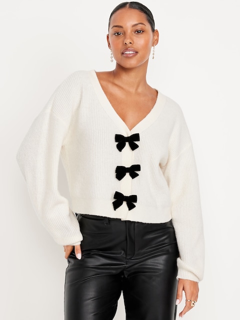 SoSoft V-Neck Bow-Front Cardigan Sweater - Creme De La Creme