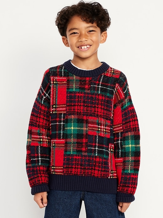 Image number 1 showing, Oversized Plaid Crew-Neck Sweater for Boys