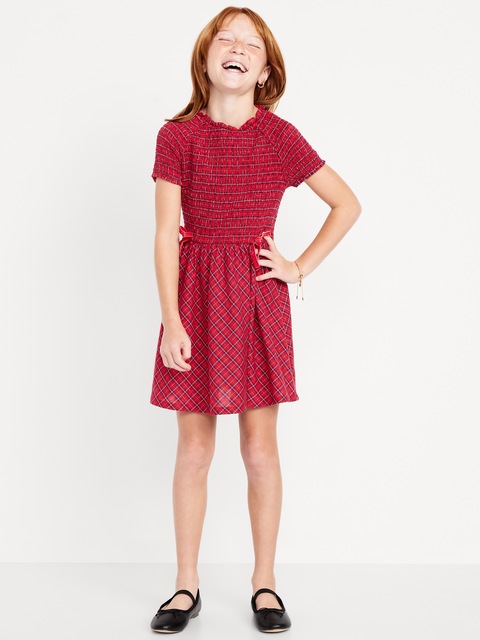Short-Sleeve Fit and Flare Smocked Bow Dress for Girls - Red Plaid