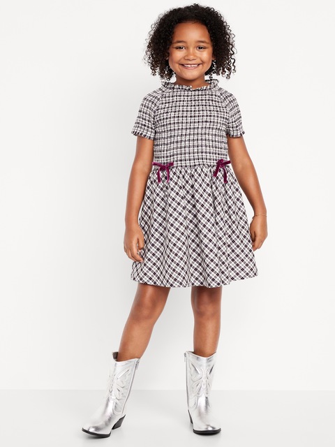 Short-Sleeve Fit and Flare Smocked Bow Dress for Girls - Black/White Plaid