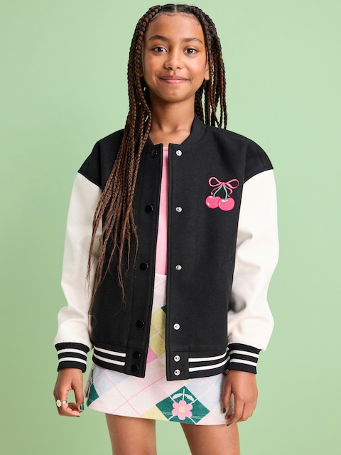 Loose Button-Front Letterman-Style Bomber Jacket for Girls - Black Jack