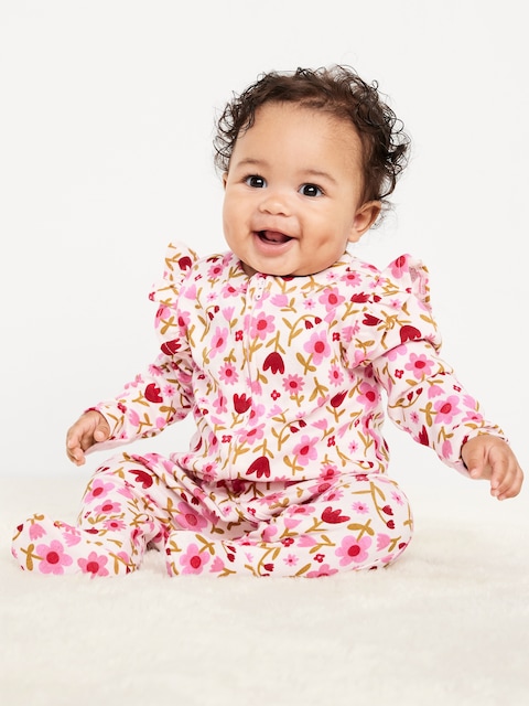 2-Way-Zip Sleep & Play Ruffle-Trim Footed One-Piece for Baby - Pink Floral