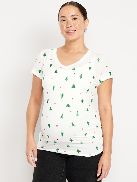Maternity EveryWear V-Neck T-Shirt - White Christmas Tree
