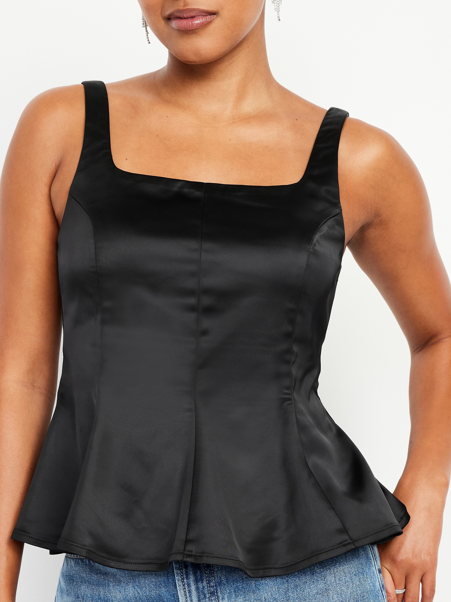 Square-Neck Satin Peplum Top