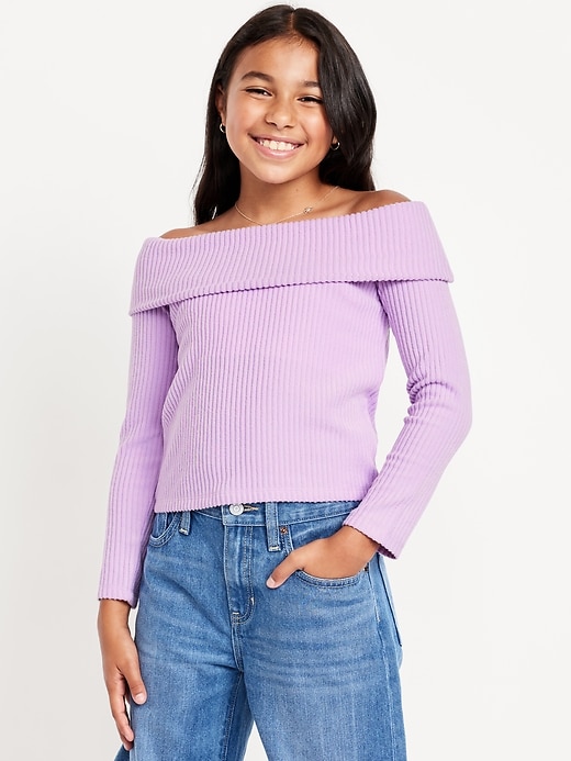 Image number 1 showing, CozePlush Off-Shoulder Long-Sleeve Ribbed Top for Girls