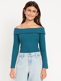 Image number 1 showing, CozePlush Off-Shoulder Long-Sleeve Ribbed Top for Girls