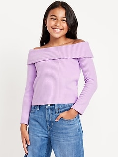 CozePlush Off-Shoulder Long-Sleeve Ribbed Top for Girls