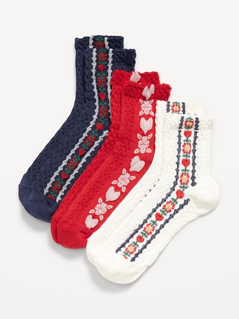 Novelty Quarter Crew Socks 3-Pack for Women - Red Floral