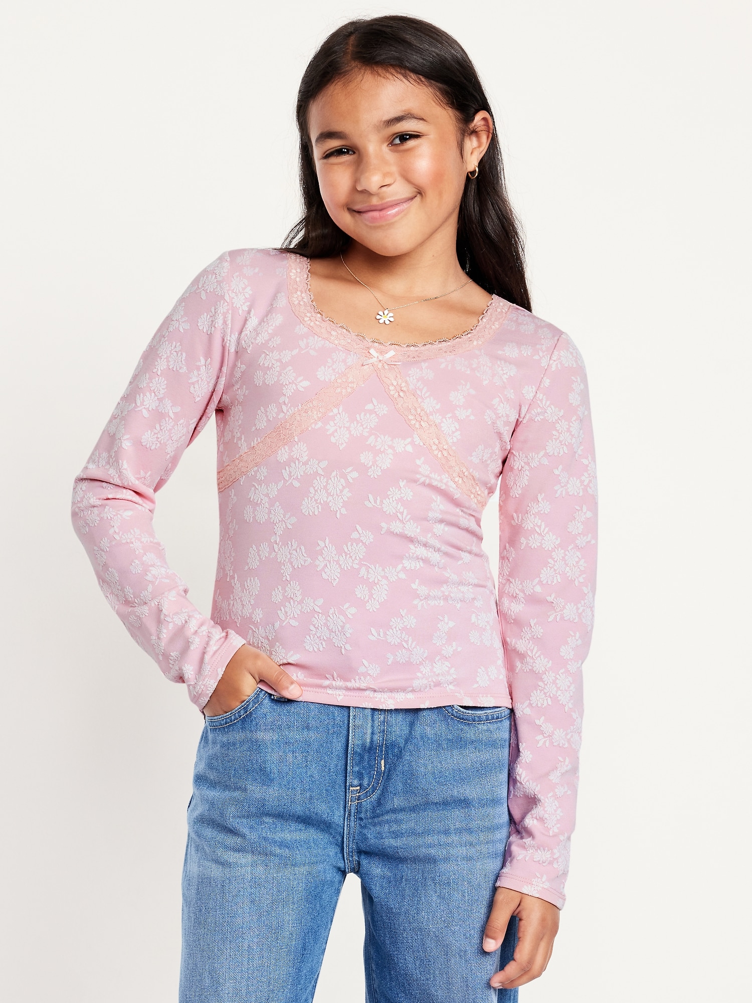 Fitted Long-Sleeve Lace-Trim Top for Girls