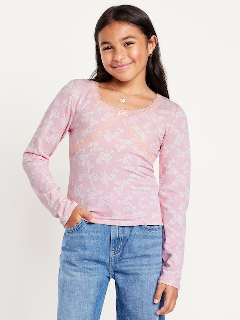 Fitted Long-Sleeve Lace-Trim Top for Girls - Fairytale Rose