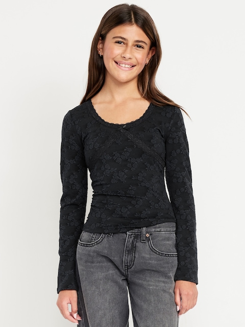 Fitted Long-Sleeve Lace-Trim Top for Girls - Black Jack
