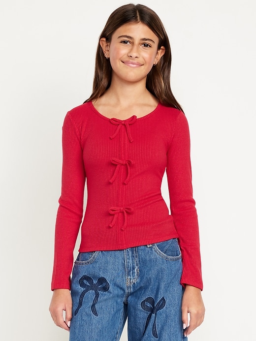 Image number 1 showing, Fitted Long-Sleeve Ribbed Bow-Tie Top for Girls