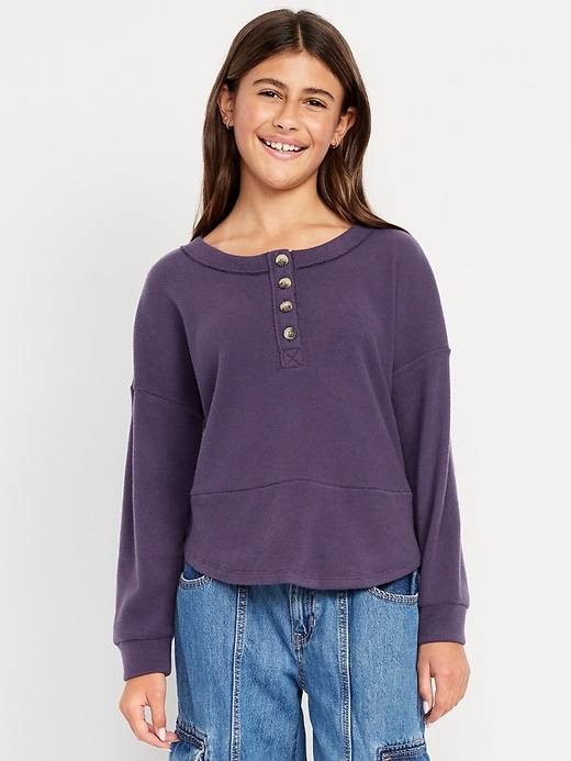 Image number 1 showing, CozePlush Oversized Thermal-Knit Henley Top for Girls