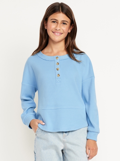 CozePlush Oversized Thermal-Knit Henley Top for Girls - Ferry Boat