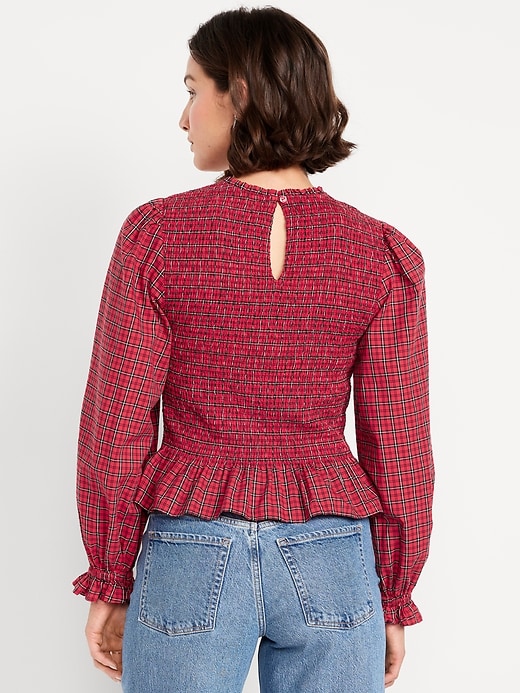 Image number 2 showing, Long-Sleeve Plaid Smocked Top