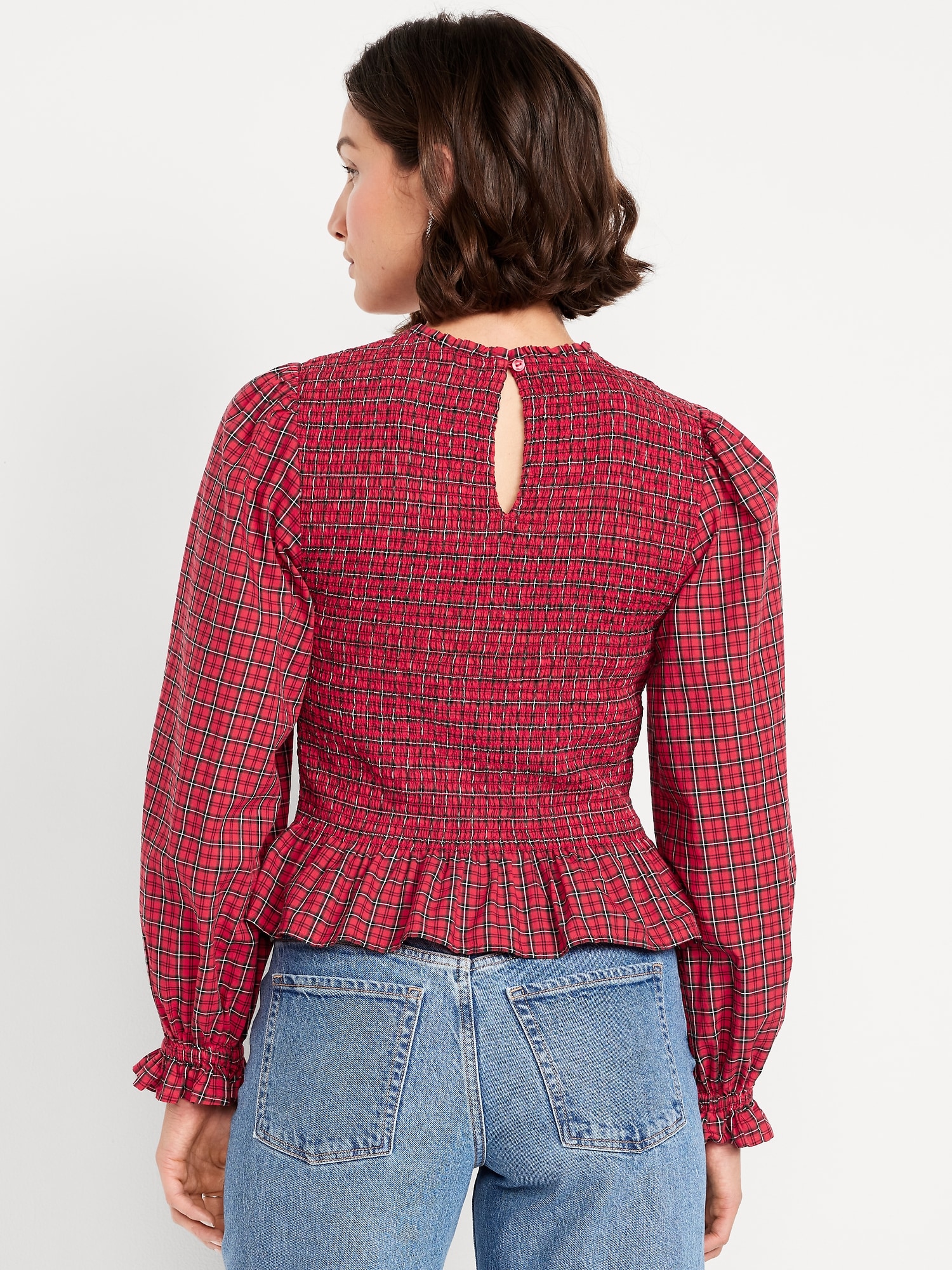 Long-Sleeve Plaid Smocked Top