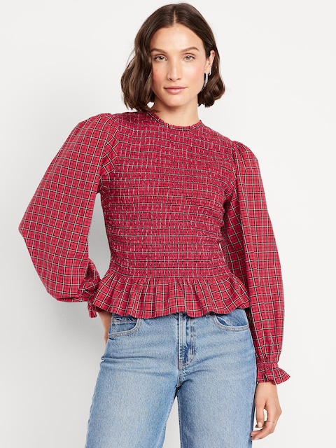 Long-Sleeve Plaid Smocked Top - Small Red Plaid