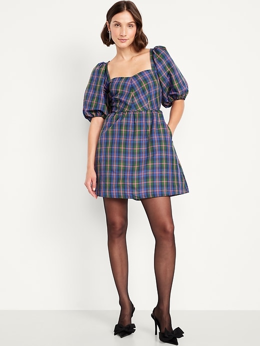 Image number 1 showing, Puff-Sleeve Plaid Fit & Flare Taffeta Mini Dress