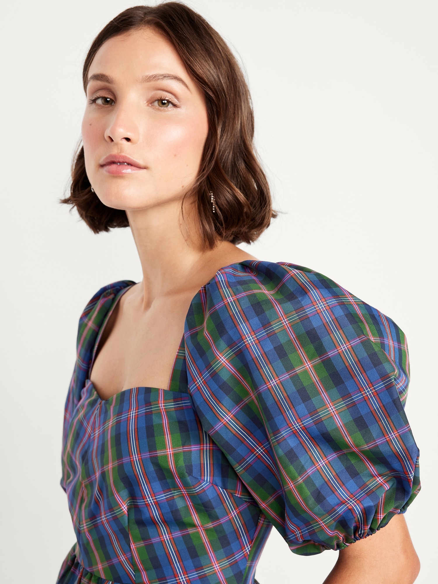 Puff-Sleeve Plaid Fit & Flare Taffeta Mini Dress