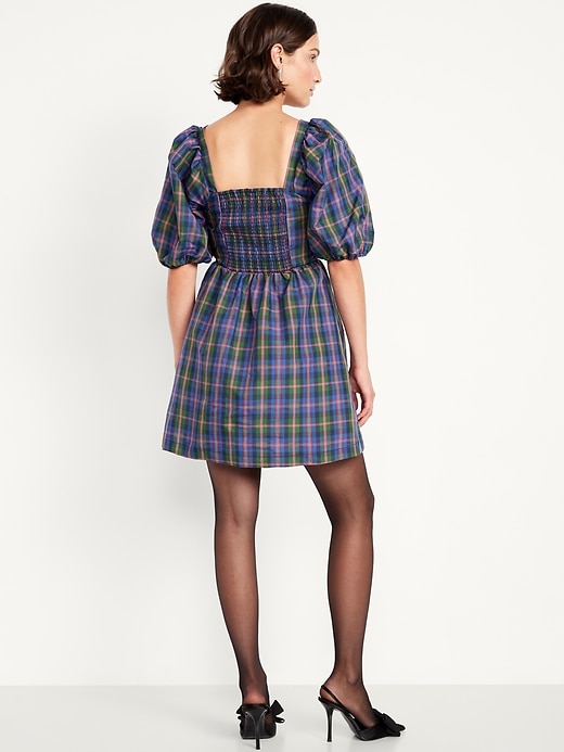 Image number 2 showing, Puff-Sleeve Plaid Fit & Flare Taffeta Mini Dress