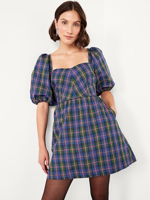 Image number 3 showing, Puff-Sleeve Plaid Fit & Flare Taffeta Mini Dress