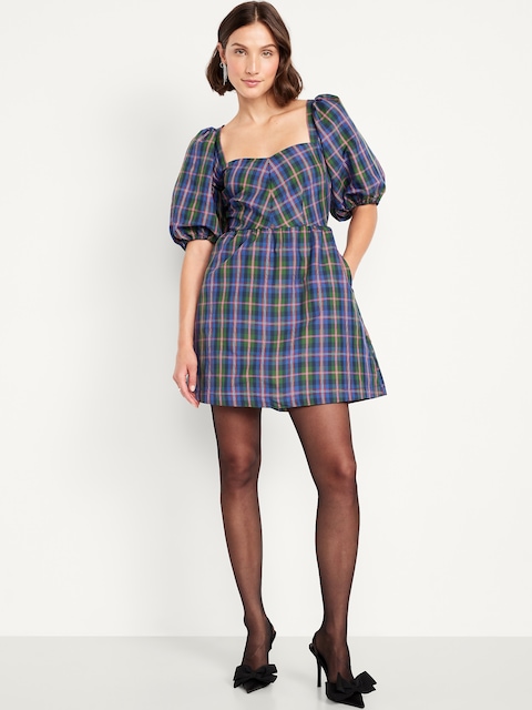 Puff-Sleeve Plaid Fit & Flare Taffeta Mini Dress - Blue Plaid