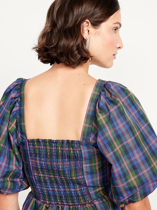 Image number 6 showing, Puff-Sleeve Plaid Fit & Flare Taffeta Mini Dress