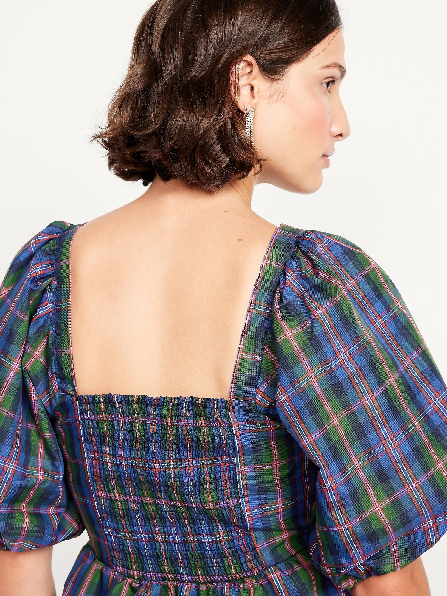 Puff-Sleeve Plaid Fit & Flare Taffeta Mini Dress