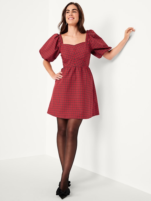 Image number 3 showing, Puff-Sleeve Plaid Fit & Flare Taffeta Mini Dress