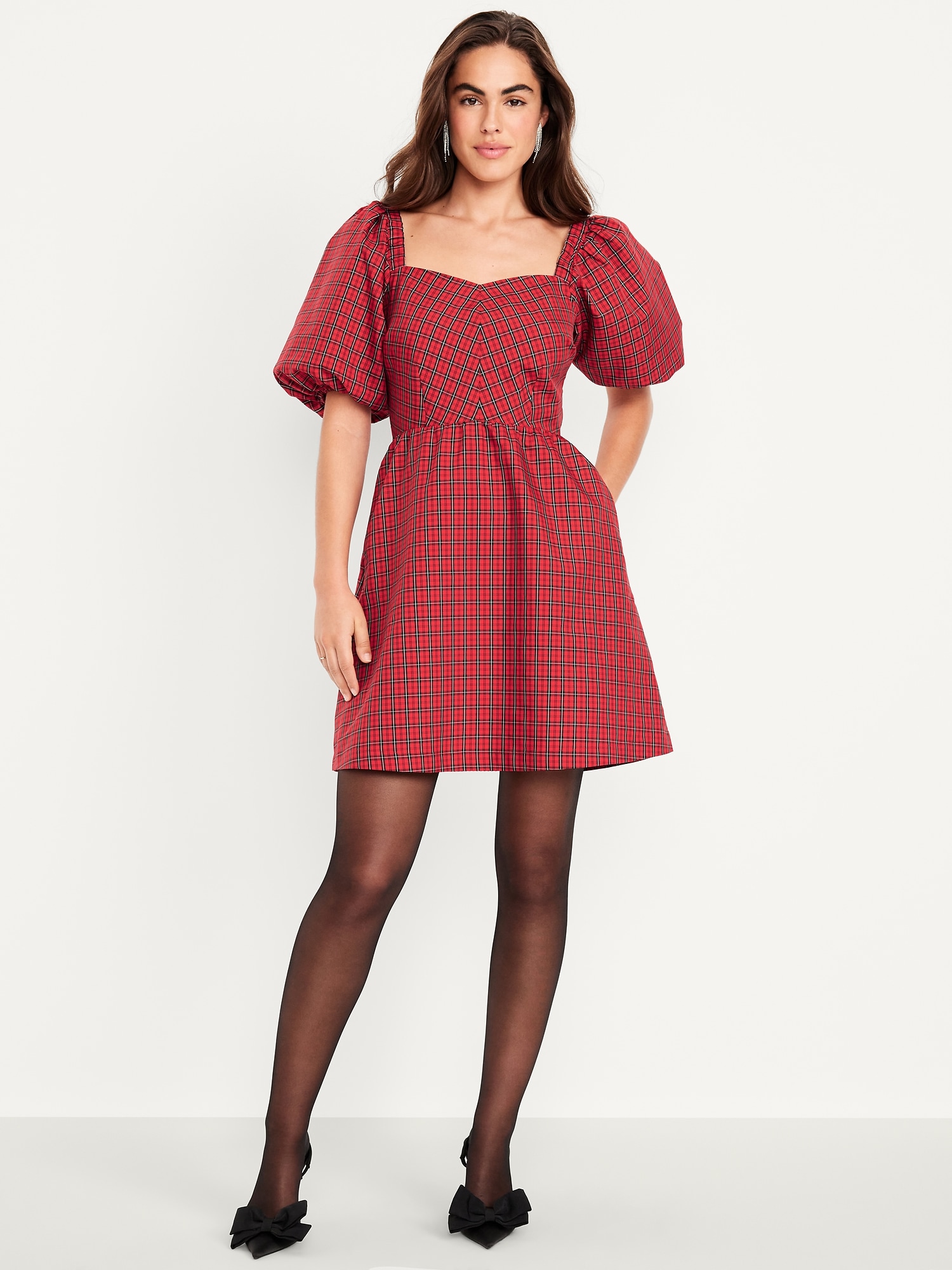 Puff-Sleeve Plaid Fit & Flare Taffeta Mini Dress
