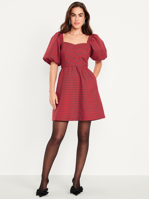 Puff-Sleeve Plaid Fit & Flare Taffeta Mini Dress - Small Red Plaid