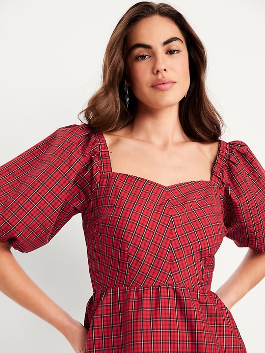 Image number 5 showing, Puff-Sleeve Plaid Fit & Flare Taffeta Mini Dress
