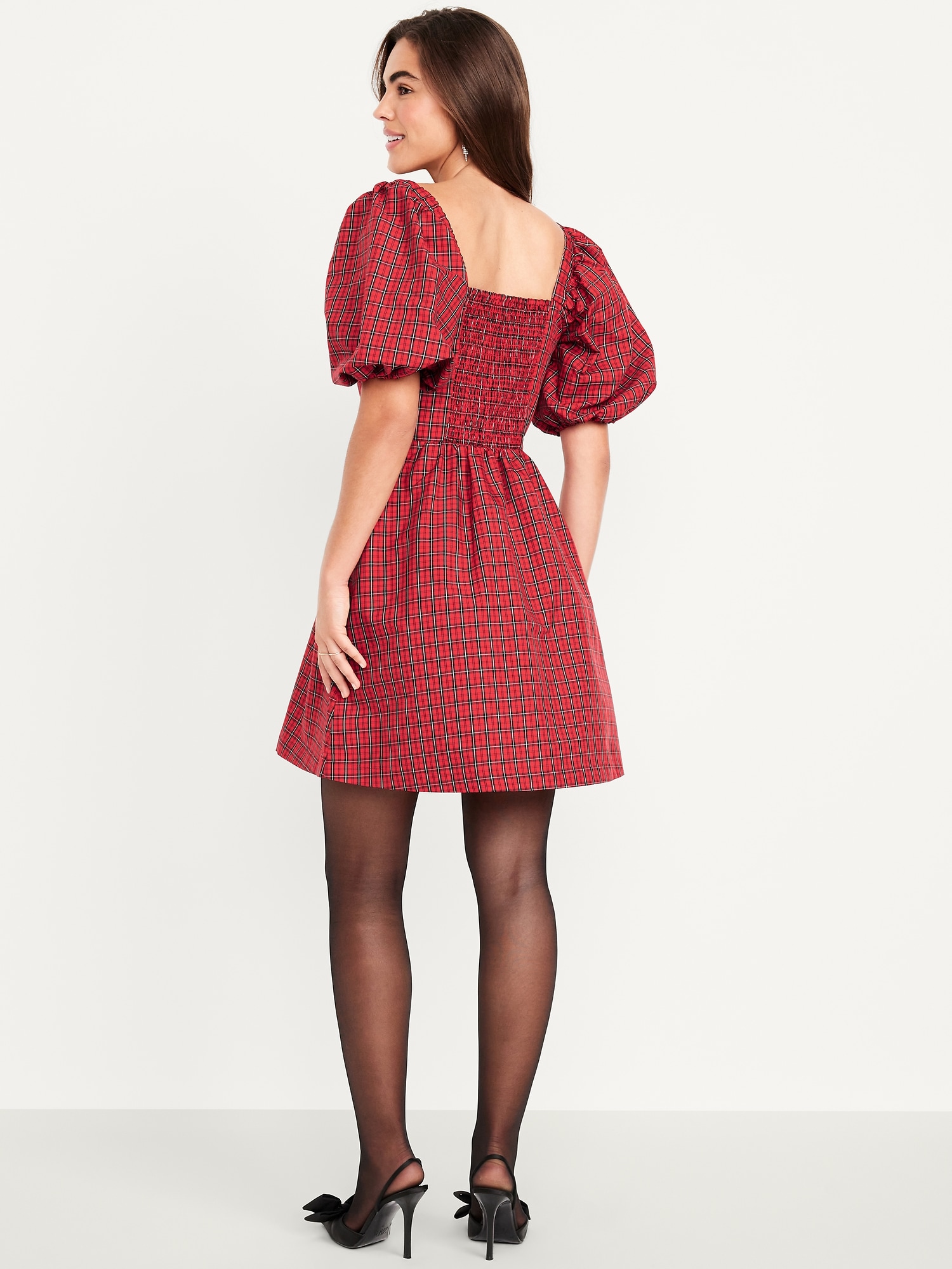 Puff-Sleeve Plaid Fit & Flare Taffeta Mini Dress