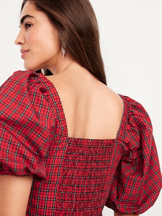 Image number 6 showing, Puff-Sleeve Plaid Fit & Flare Taffeta Mini Dress
