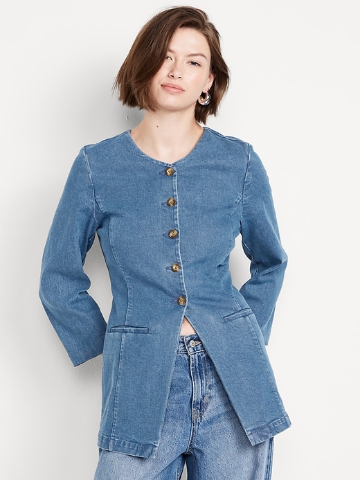 Image number 1 showing, Fitted Collarless Denim Blazer