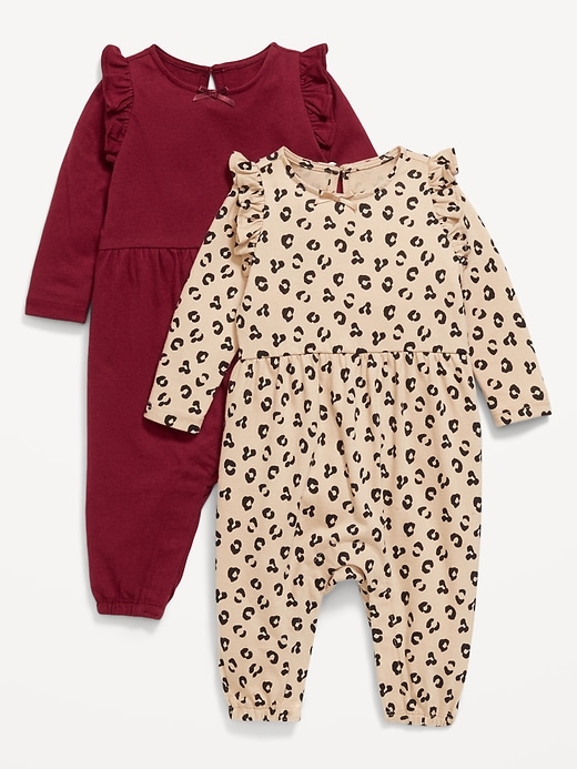 Image number 1 showing, Printed Long-Sleeve Ruffle-Trim One-Piece 2-Pack for Baby