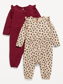 Image number 1 showing, Printed Long-Sleeve Ruffle-Trim One-Piece 2-Pack for Baby