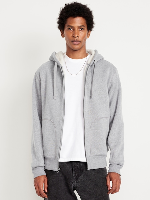 Sherpa-Lined Fleece Zip Hoodie - Heather Gray