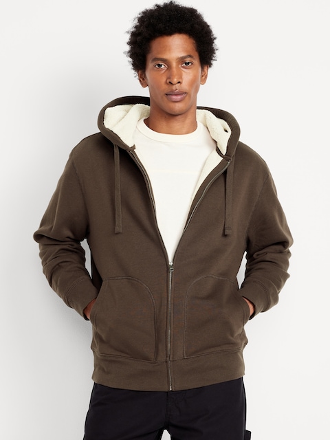 Sherpa-Lined Fleece Zip Hoodie - Black Coffee