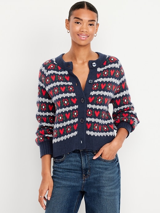 Image number 1 showing, SoSoft Crew-Neck Printed Cardigan Sweater