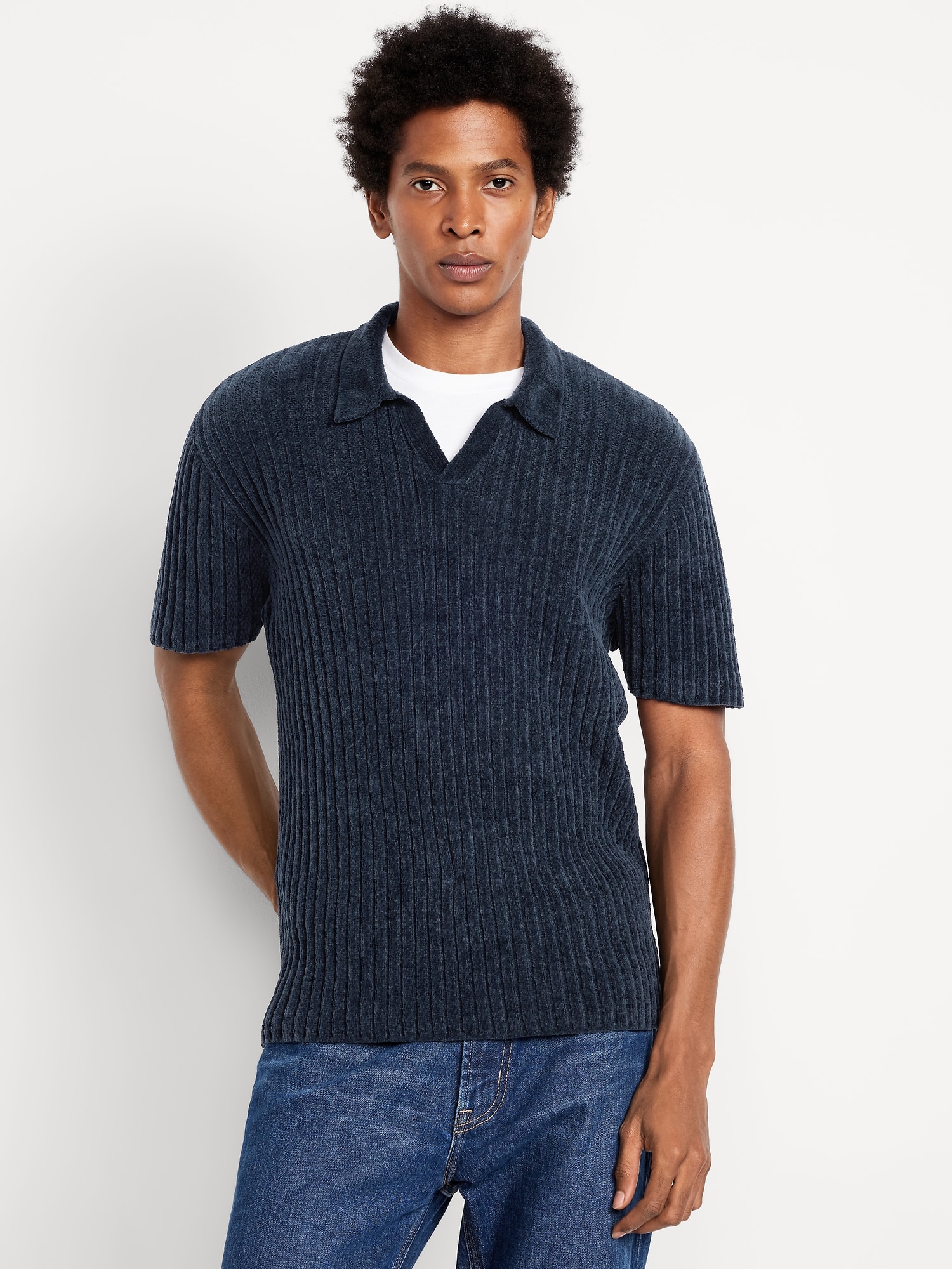 Short-Sleeve Chenille Polo Sweater