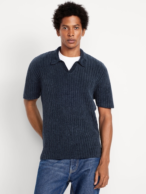 Short-Sleeve Chenille Polo Sweater